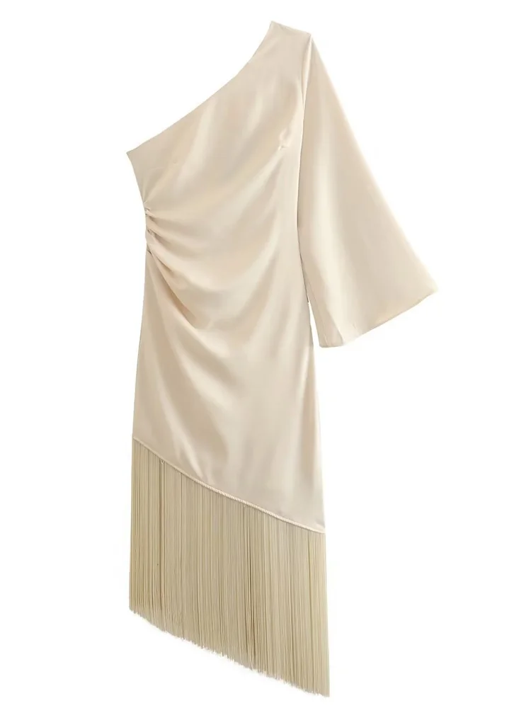 Elegant Tassel Fashion Sexy One Shoulder Asymmetric Solid Color Party Bodycon Dress