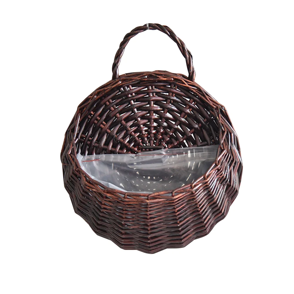 Wall Mount Wicker Flower Pot Hanging Woven Rattan Basket Decor (Dark Brown)