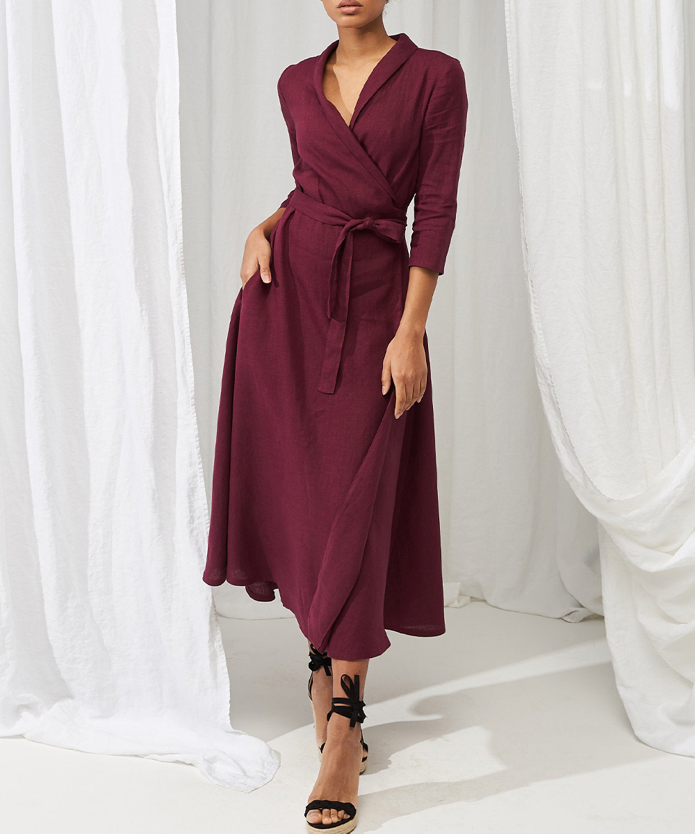 Rotimia Elegant Linen Lace-Up Midi Dress