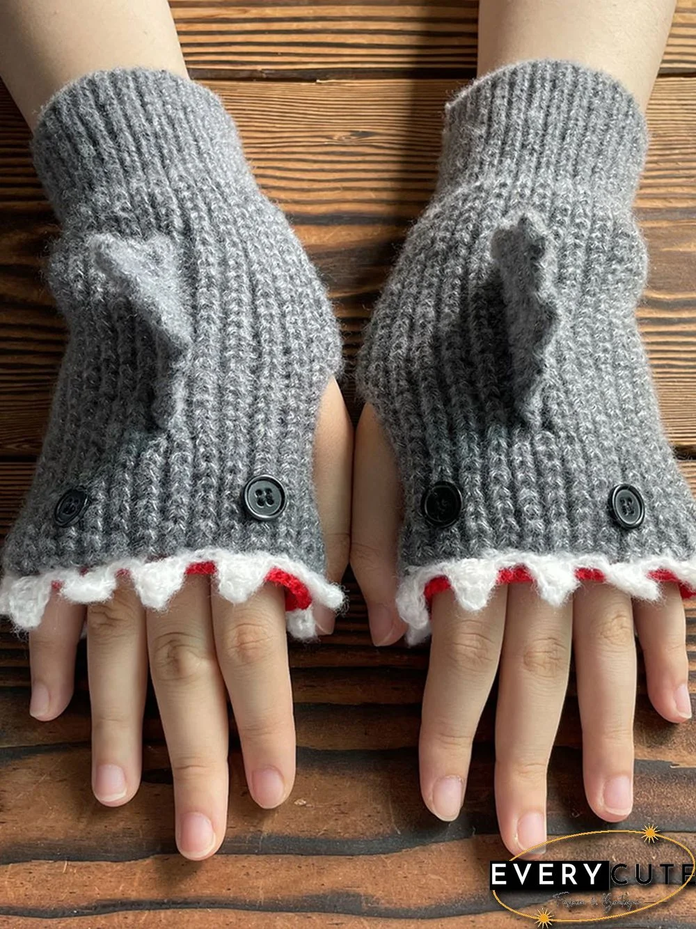 Retro Cartoon Shark Pattern Gloves Warm Knit Gloves