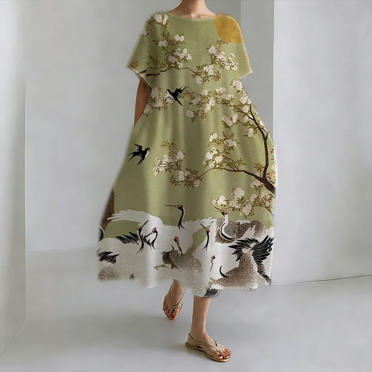 Japanese Crane And Plant Art Cotton Linen Round Neck Dress
