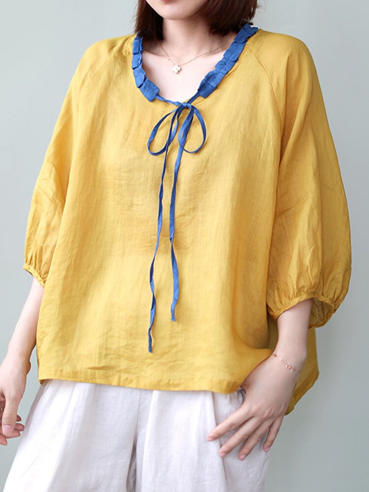 Contrast Color O neck Knotted 3/4 Length Sleeve Loose Blouse P1857567