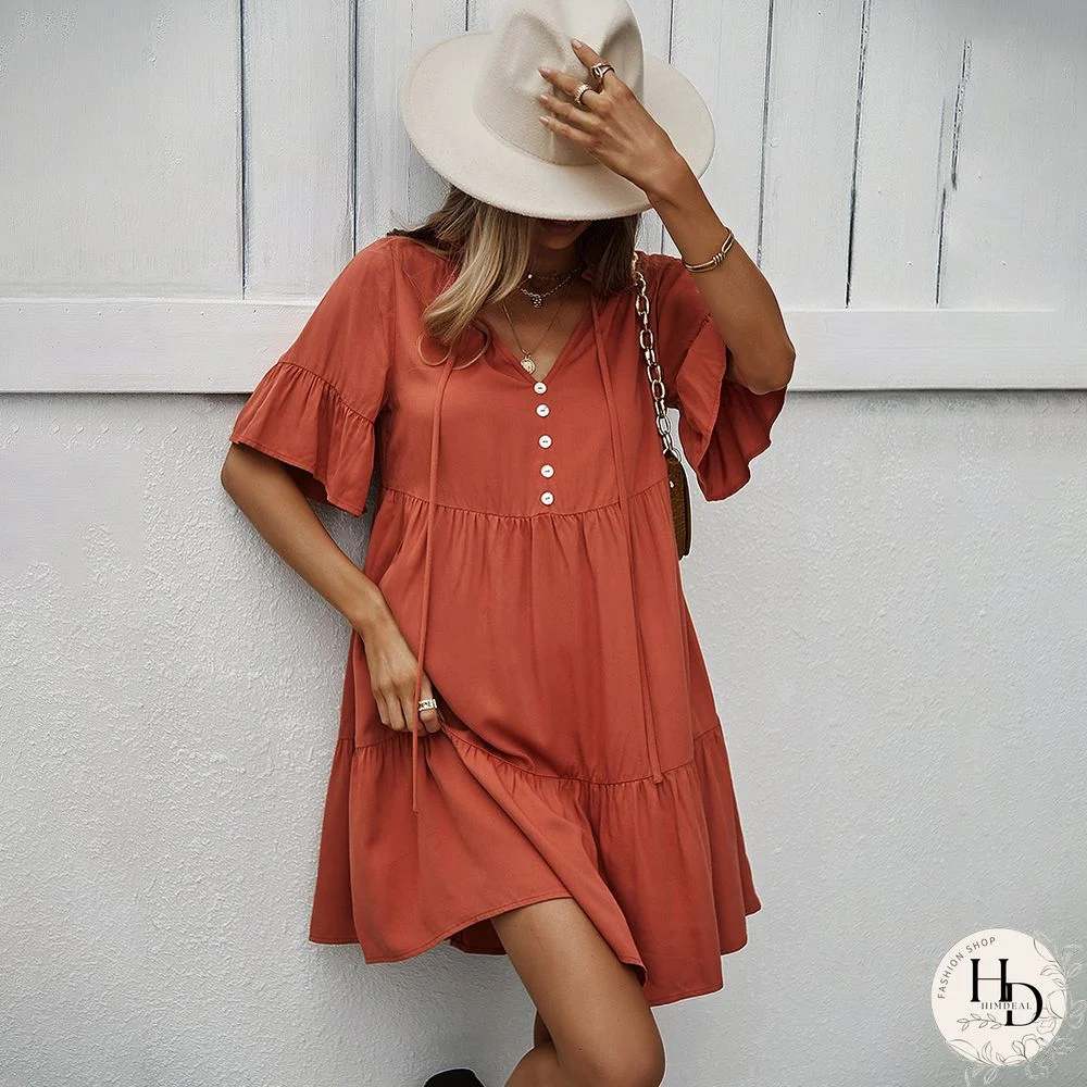 Chic Sexy Women Summer Dresses New Chiffon Solid Color V-neck Ruffle Short Sleeve Casual Loose Large Hem A-line Mini Dress