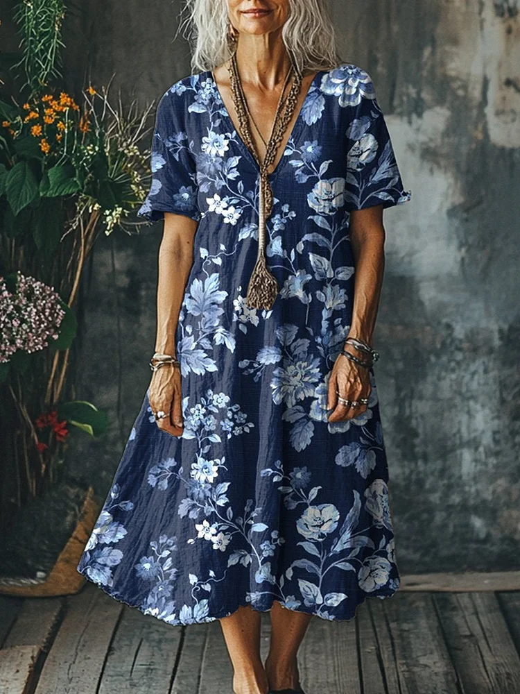 Women's  Flowers Art  Print Pocket Cotton Dress