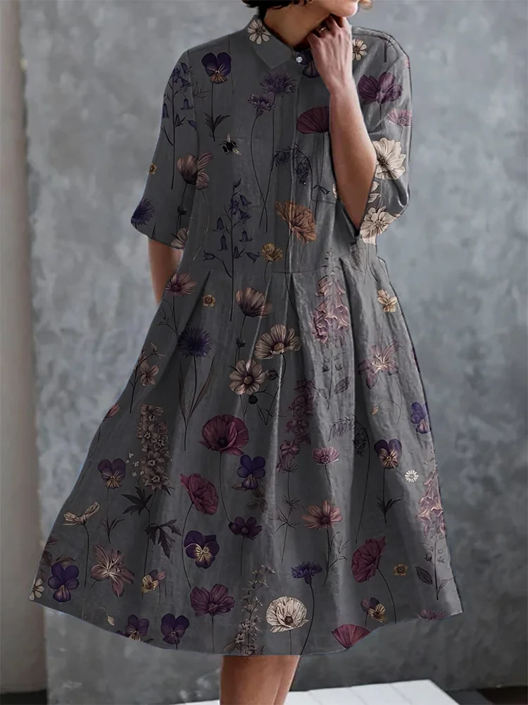 Vintage Floral Print Pocket Half Sleeve Dress