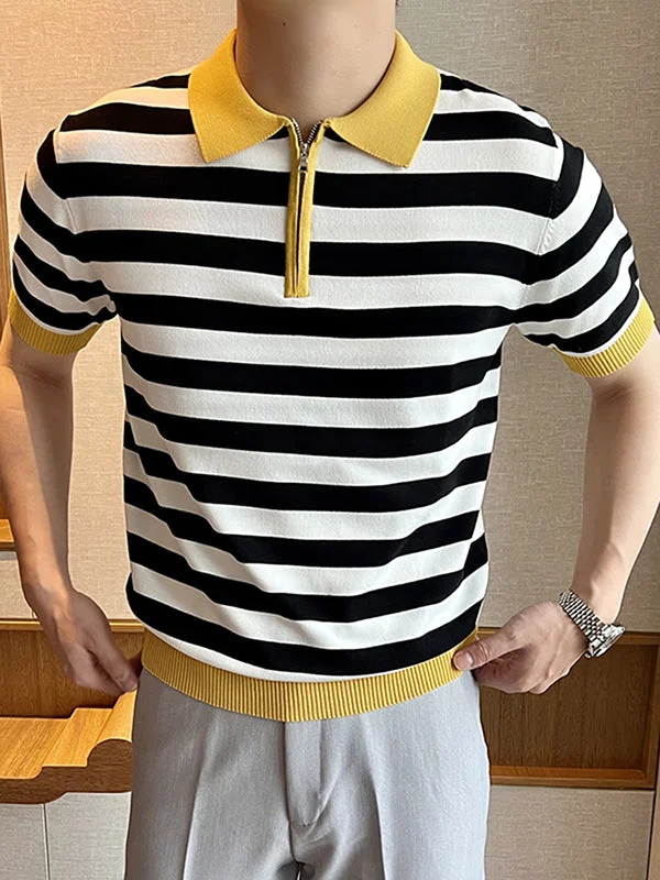 Aonga - Mens Striped Pattern Short Sleeve Zip POLO Shirt