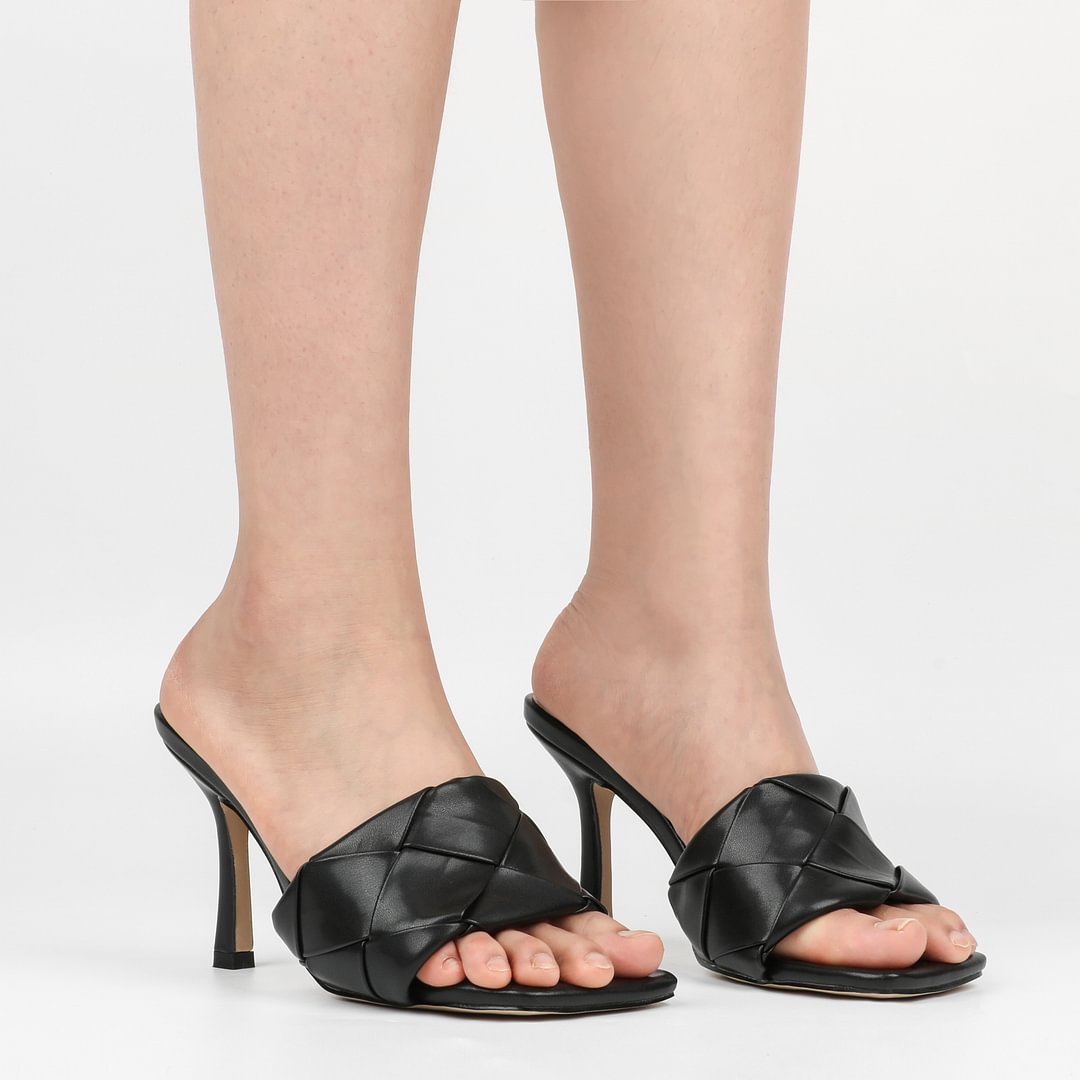 90mm Women's Square Open Toe Sandals Stiletto Heeled Woven Mule Sandals Quilted Backless Classic Daily Slippers-vocosishoes