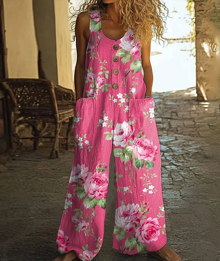 Women's Pink Rose Art Print Casual Wide Leg Jumpsuit