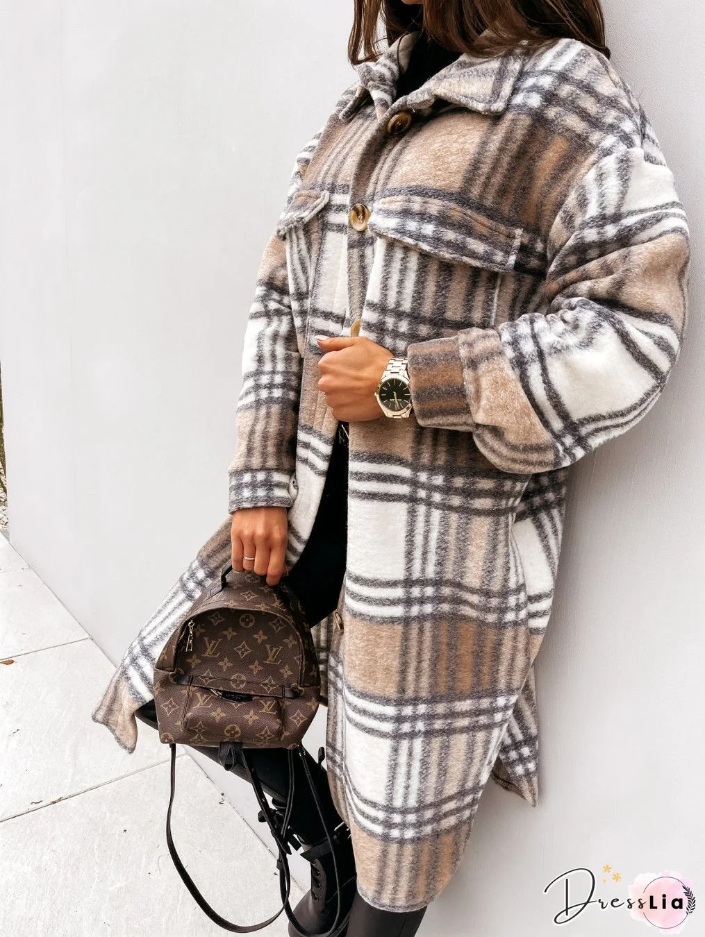 Plaid Print Long Sleeve Woolen Long Coat