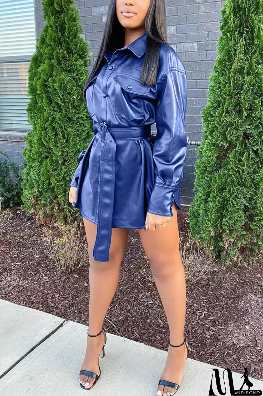 MidiSono - Blue Fashion Casual Solid With Belt Turndown Collar Outerwear