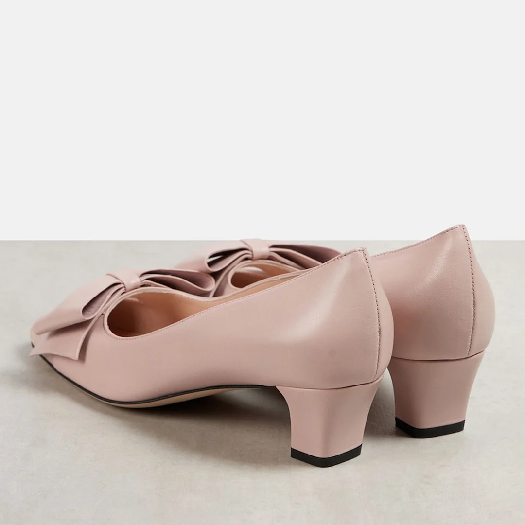 Elegant Vegan Leather Bow Square Toe Slip-On Low Heel Pumps in Pink