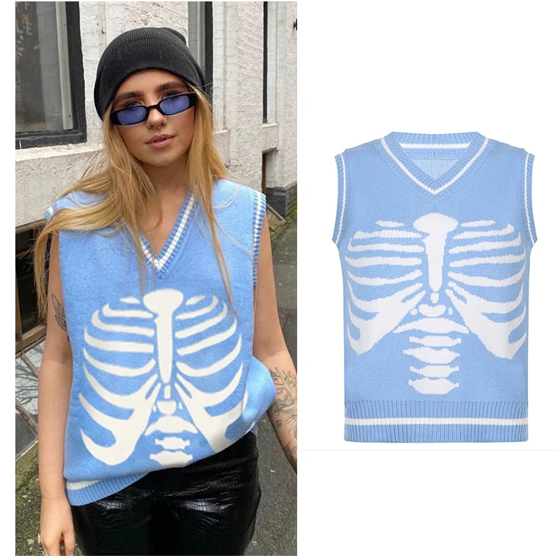 Rapcopter Sweaters Skulls Pullovers V Neck Knitwear Loose Casual Knitted Jumpers Women Streetwear Retro Tops Autumn Winter Cute