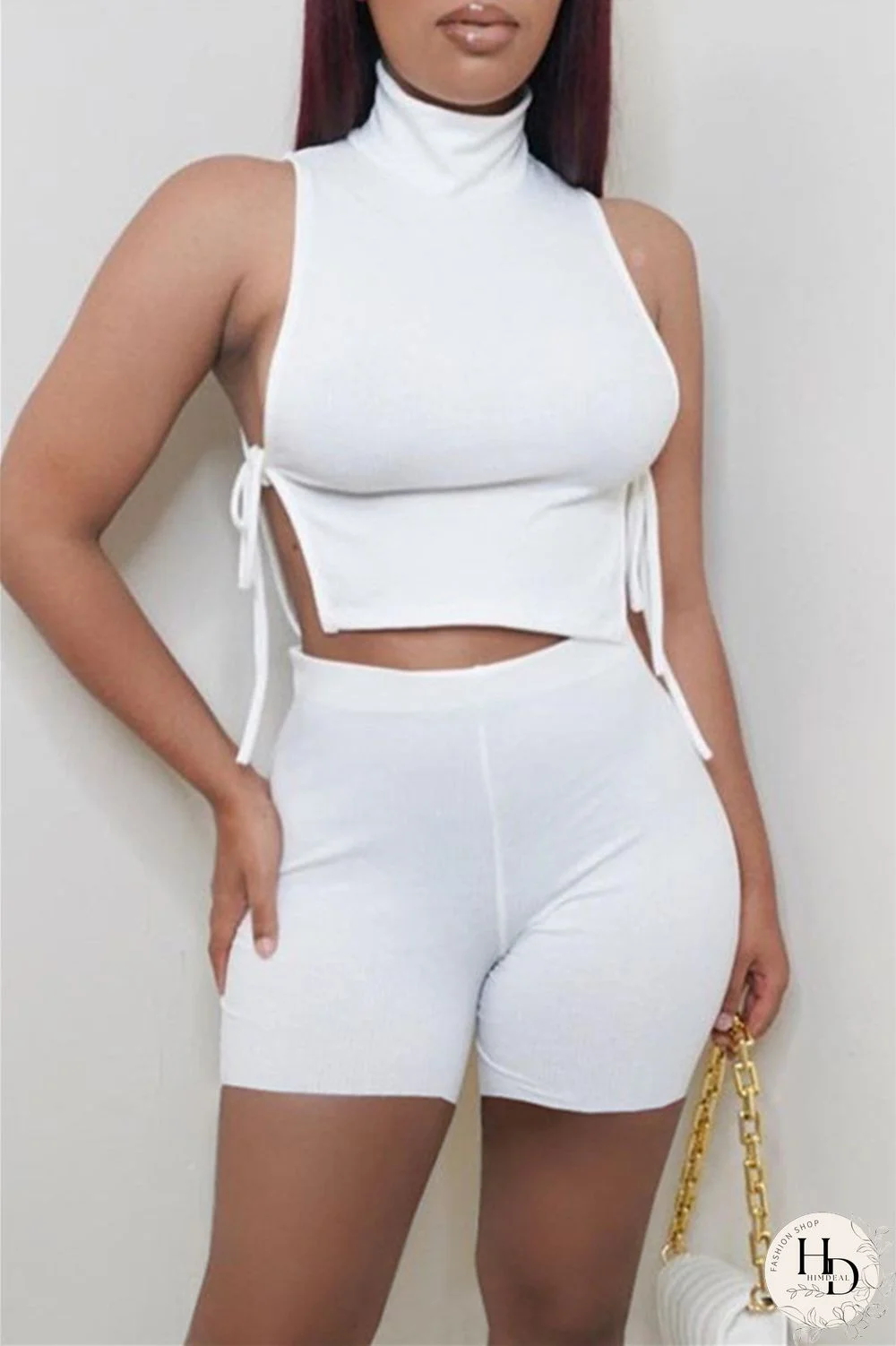 Water Blue Fashion Casual Solid Strap Design Turtleneck Sleeveless Two Pieces