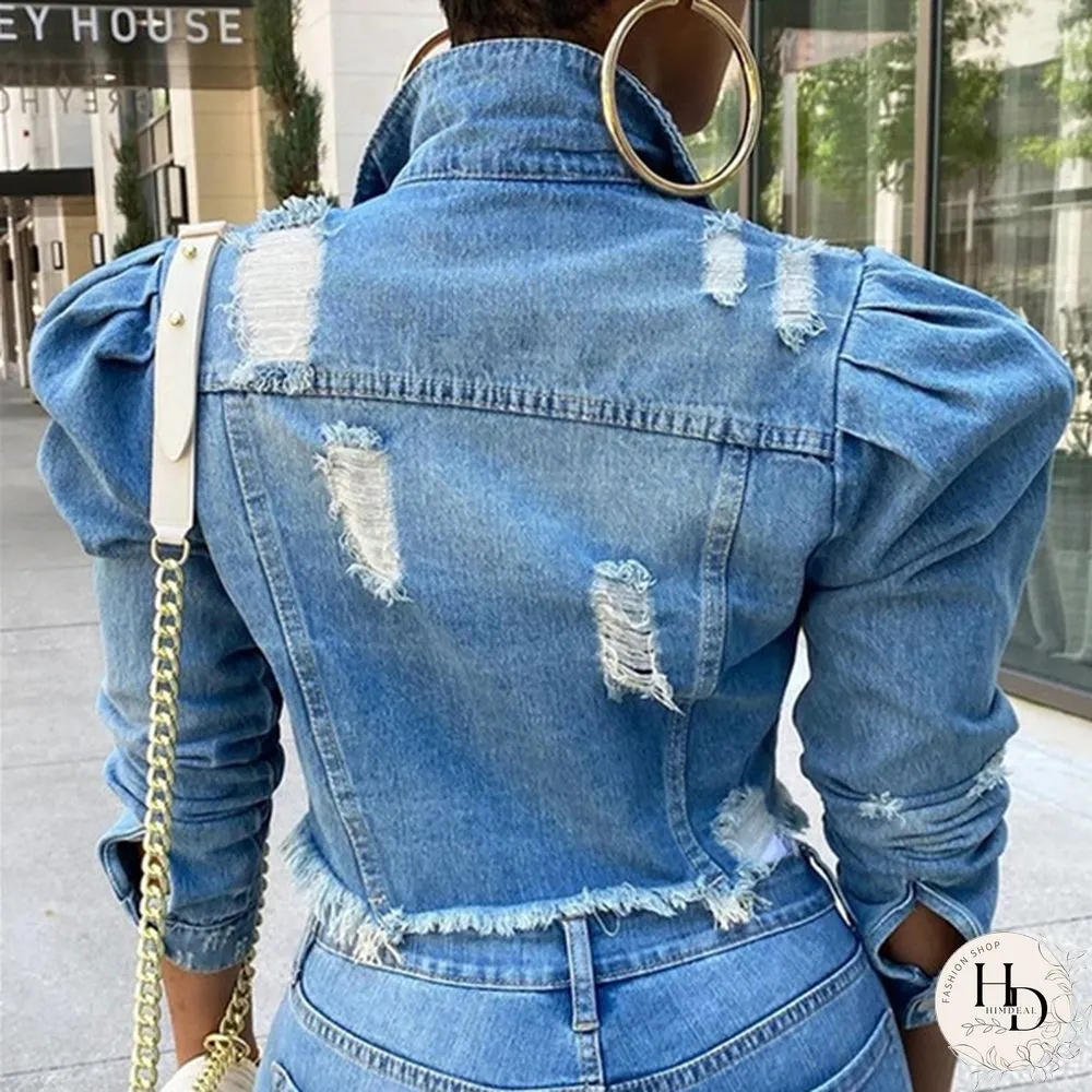 Women's Fashion Short Denim Jacket Puff Sleeve Denim Jacket