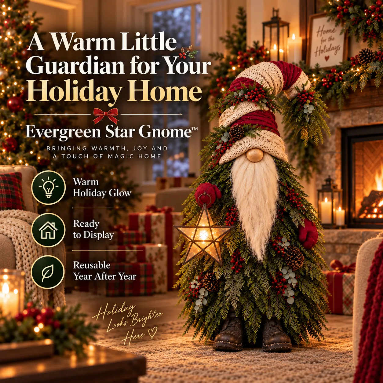 Evergreen Star Gnome in a warm Christmas home