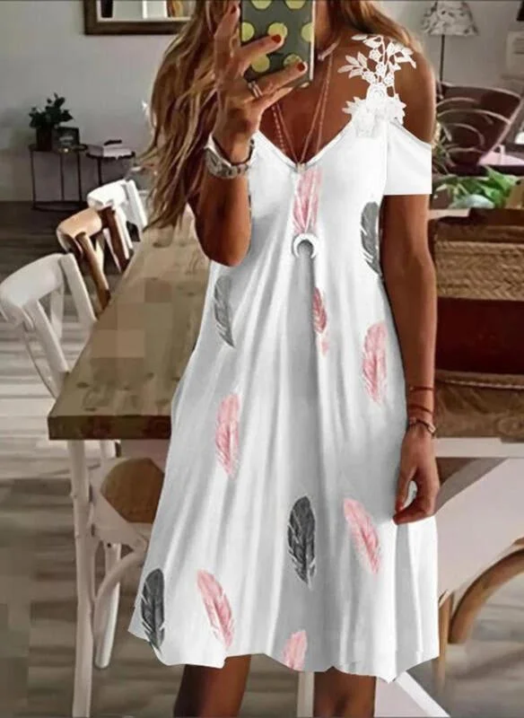 V-Neck Short Sleeves Cold Shoulder Sleeve Shift Above Knee