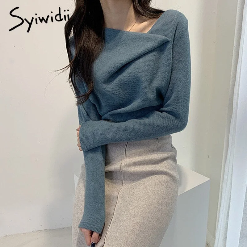 Syiwidii Asymmetrical Sweaters Women Korean Tops Irregular Pullovers 2021 Spring Autumn Winter Clothes Office Lady Long Sleeve