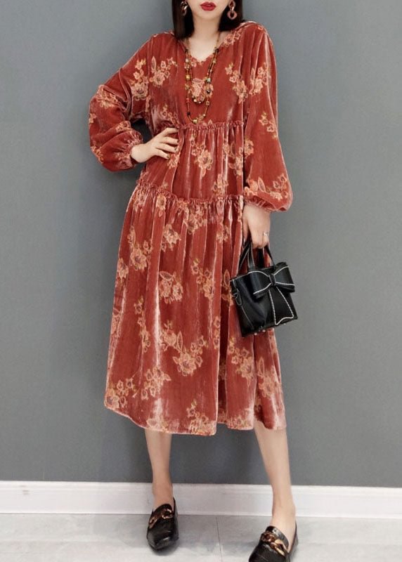 Red Velour Party Dress V Neck Cinched