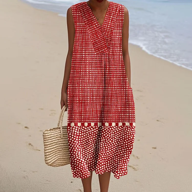 Women's Vintage Abstract Geometric Lines Art Print Sleeveless Cotton Pocket Wrap V Neck Dress