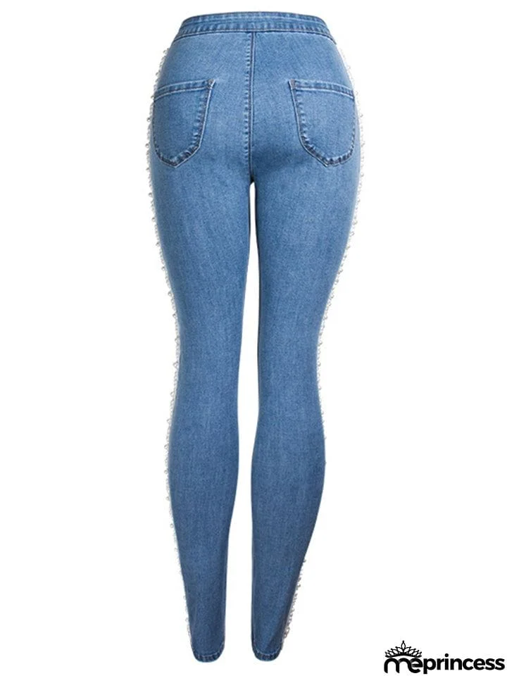 Spring Autumn Pretty White Pearl Woven Tape Thin Denim Jeans for Women