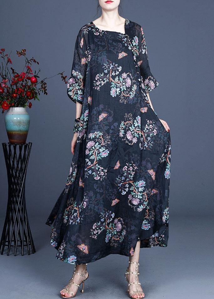 Comfy Black Retro Print Oriental Summer Chiffon Summer Dress