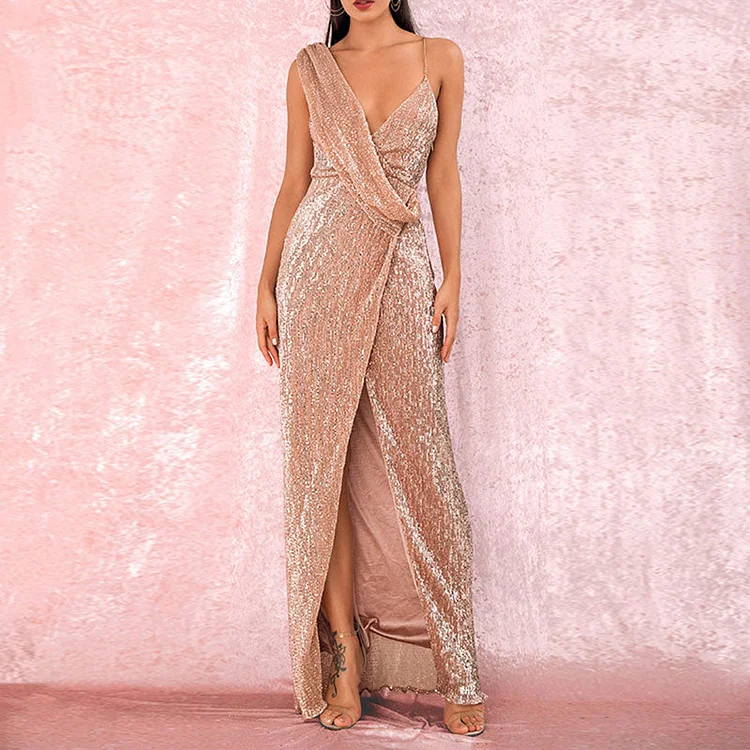 Sequins V-Neck Sleeveless High Slit Maxi Dress - IRBOOM Fashion Clothing