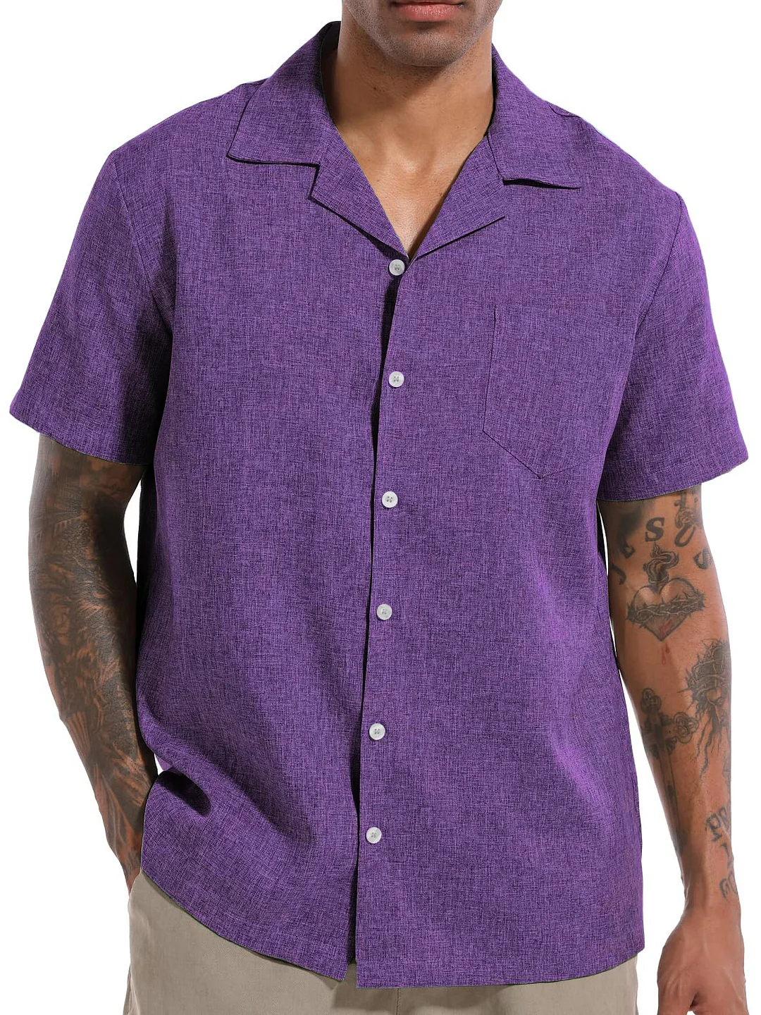 Suitmens Men's Fashionable Cuban Collar Linen Pocket Short Sleeve Shirt
