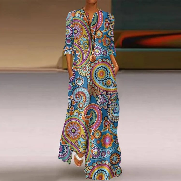 Vintage Ethnic Floral Paisley Geometric Pattern Printed Flowy Maxi Dress