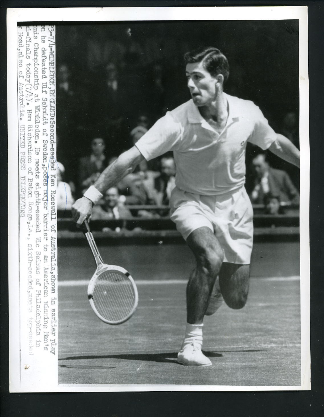 Ken Rosewall in action during Wimbledon Tennis 1956 Press Photo Poster painting