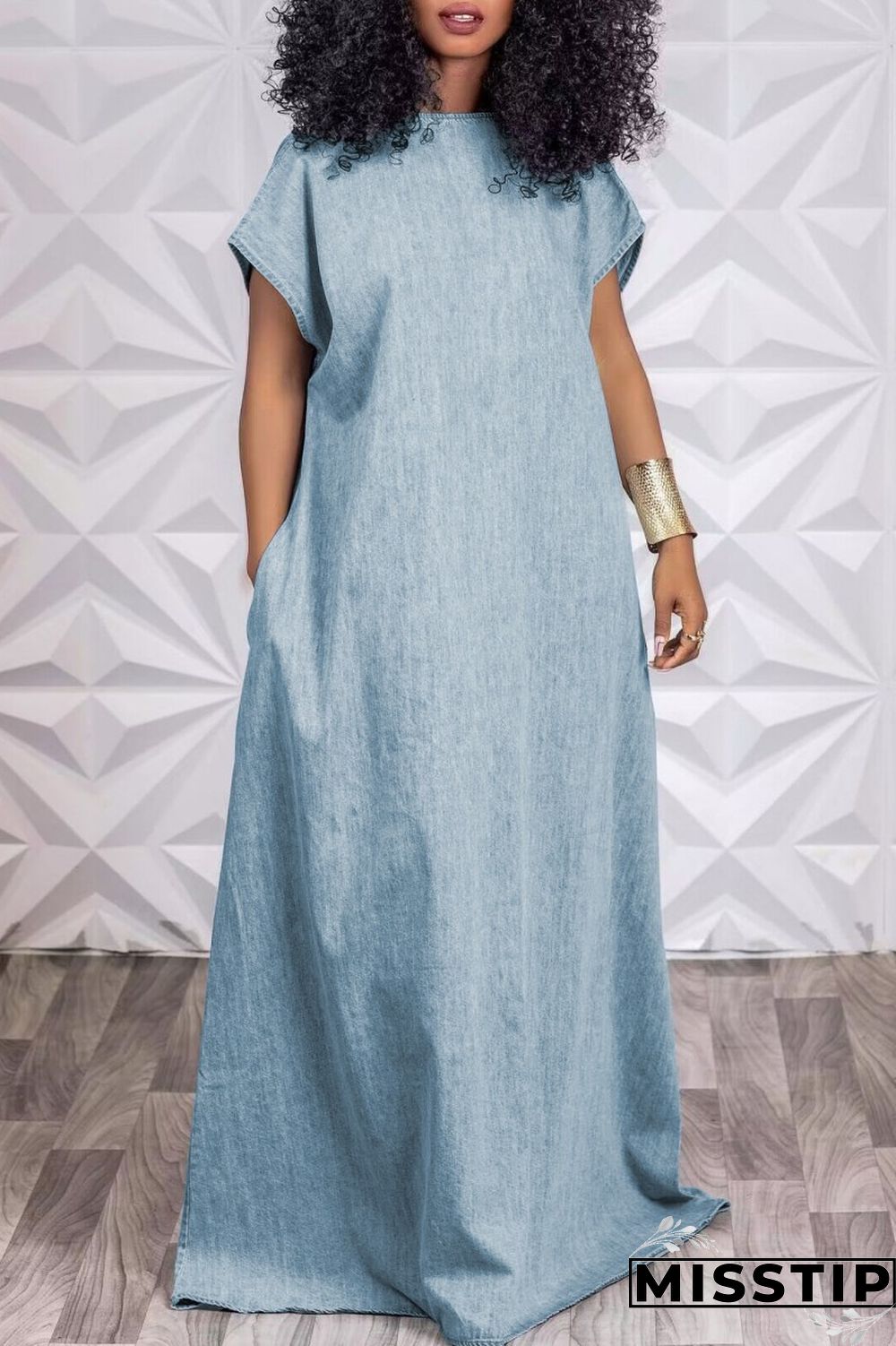 Light Blue Casual Solid Basic O Neck Short Sleeve Denim Dress