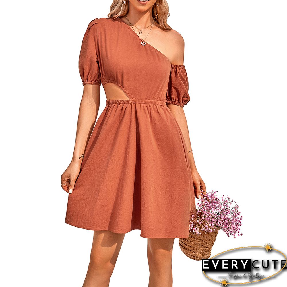 Rust Red Cut-out One Shoulder Casual Dress