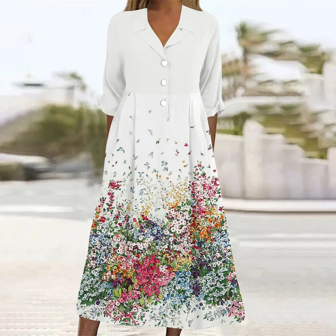 Women Casual Loose Dress with Pockets in Pattern Floral, Pink, Red