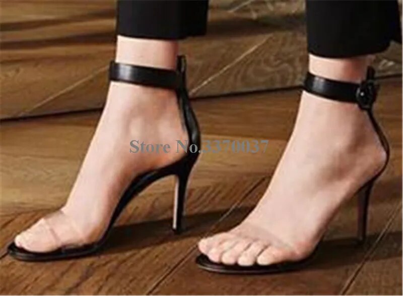 Women Open Toe Ankle Strap PVC Thin Heel Sandals One Transparent Strap Buckle High Heel Sandals Party Dress Shoes