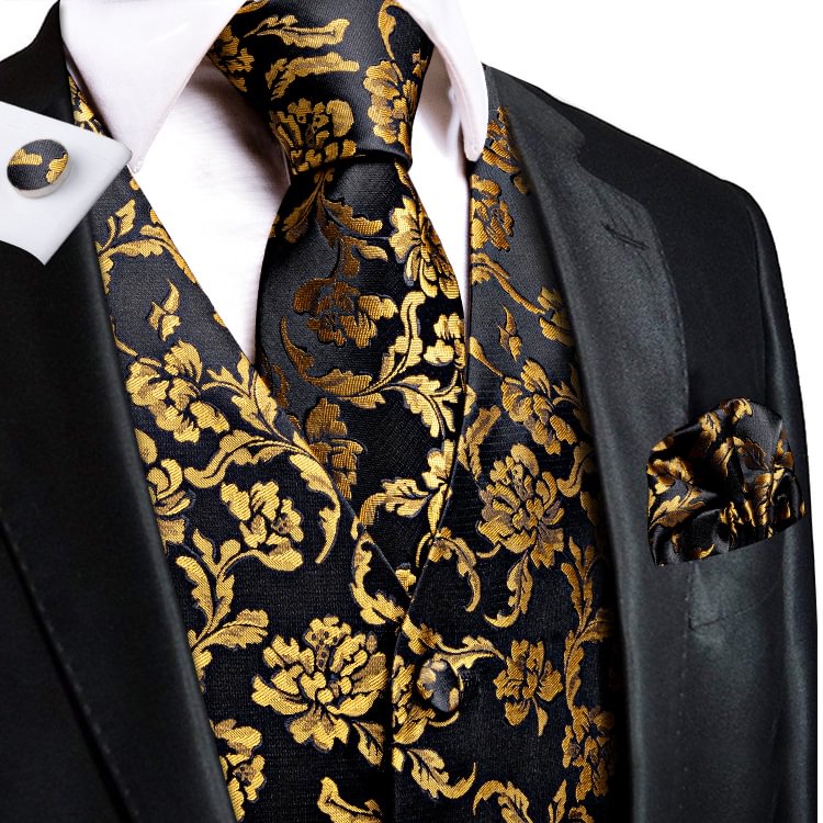Black Golden Peony Floral Men's Vest Tie Hanky Cufflinks Set Waistcoat Suit Set