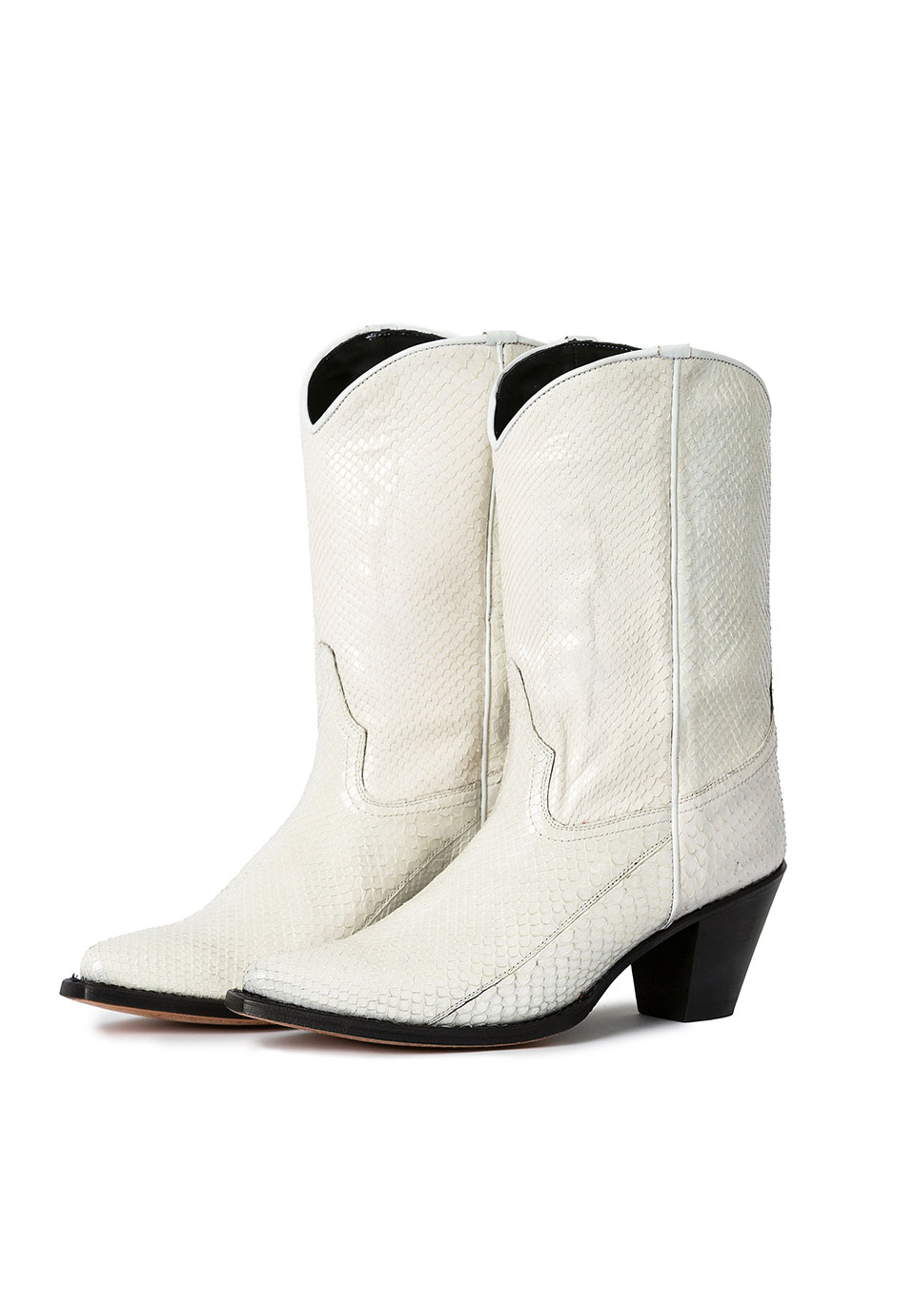 White Pointed Toe Snake Skin Cowgirl Ankle Boots With Chunky Heels