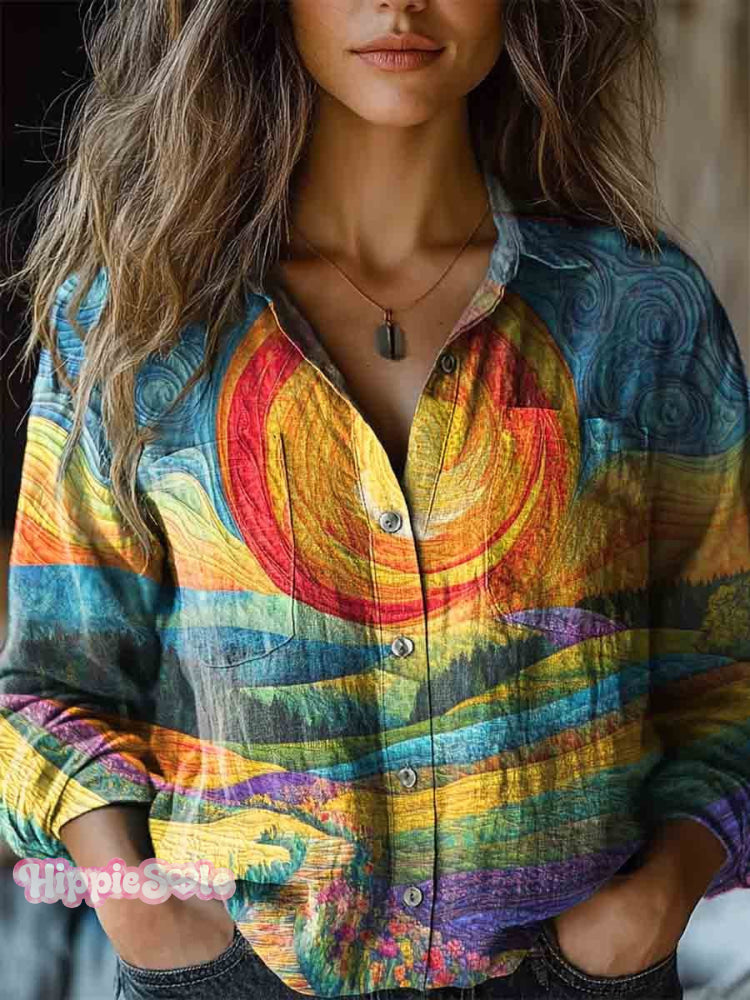 Women’s Colorful Sunshine Collage Print Casual Long Sleeve Comfortable Cotton Shirt Multicolor / S