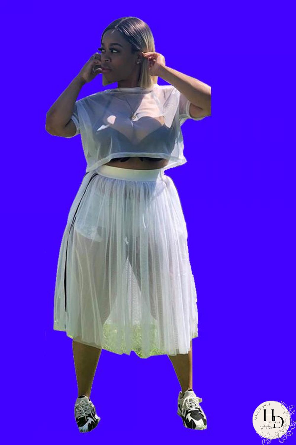 White Polyester Sexy Fashion asymmetrical Fluorescent crop top Solid Two Piece Suits Draped Pleated skirt