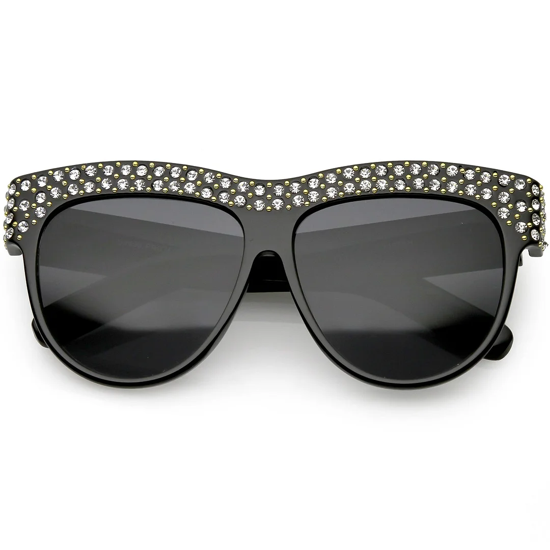 Handcrafted Rhinestone Stud Embellished Oversize glasses Round Flat Lens 57mm