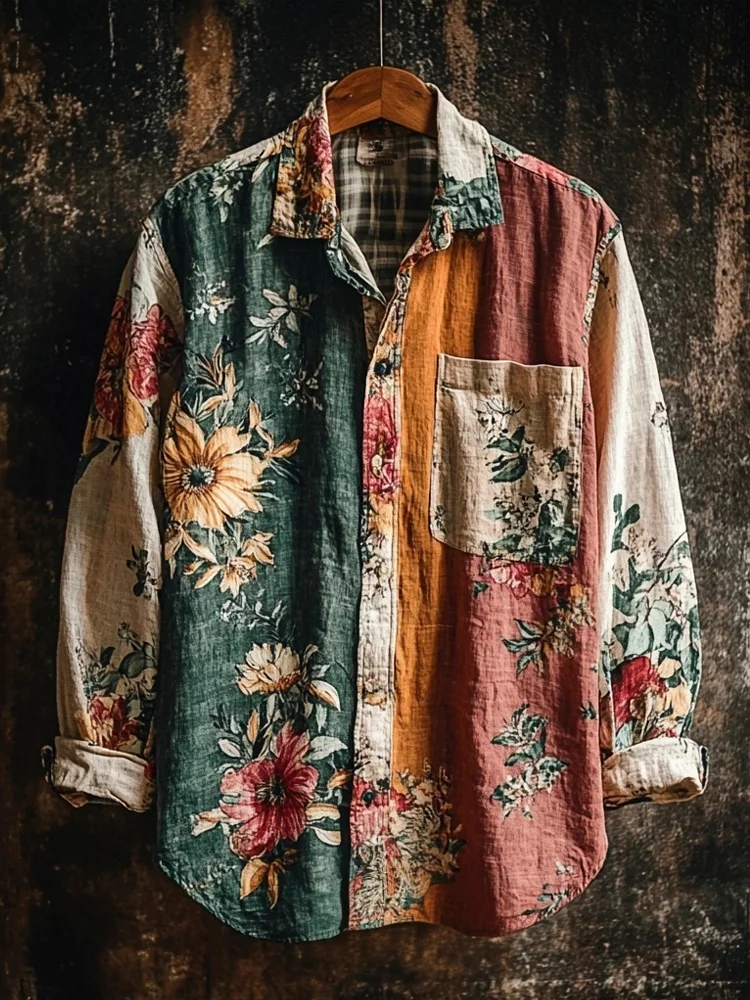 Vintage Floral Color Blocking Men's Linen Long Sleeve Shirt