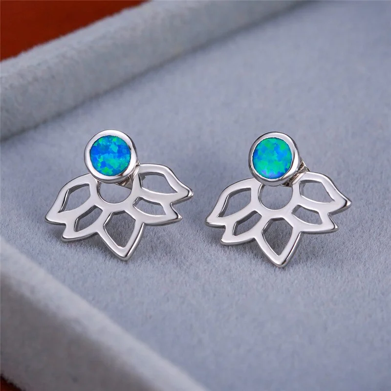 Boho Female Blue Opal Earrings Silver Color Lotus Flower Earrings Vintage Small Round Stud Earrings For Women