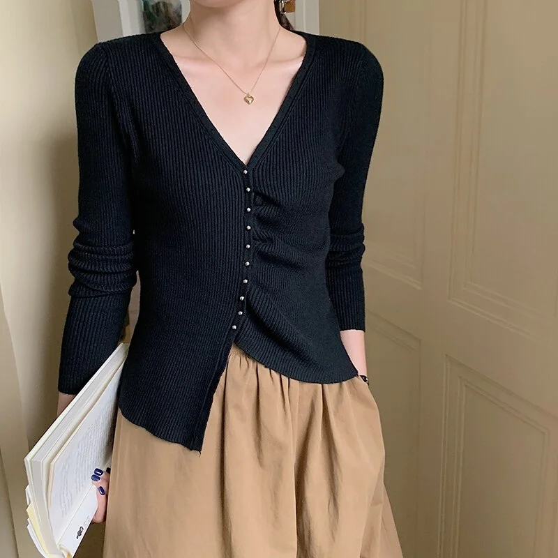 Fall 2023 Women Clothing Long Sleeve Knitted Sweater Women Silm V-Neck Cardigan Women Sweater Women Tops Woman Sweaters F372