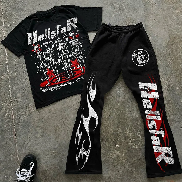 Hellstar Flame Abstract Skull Graphics Short Sleeve Tee & Flared Trousers Two Piece Set