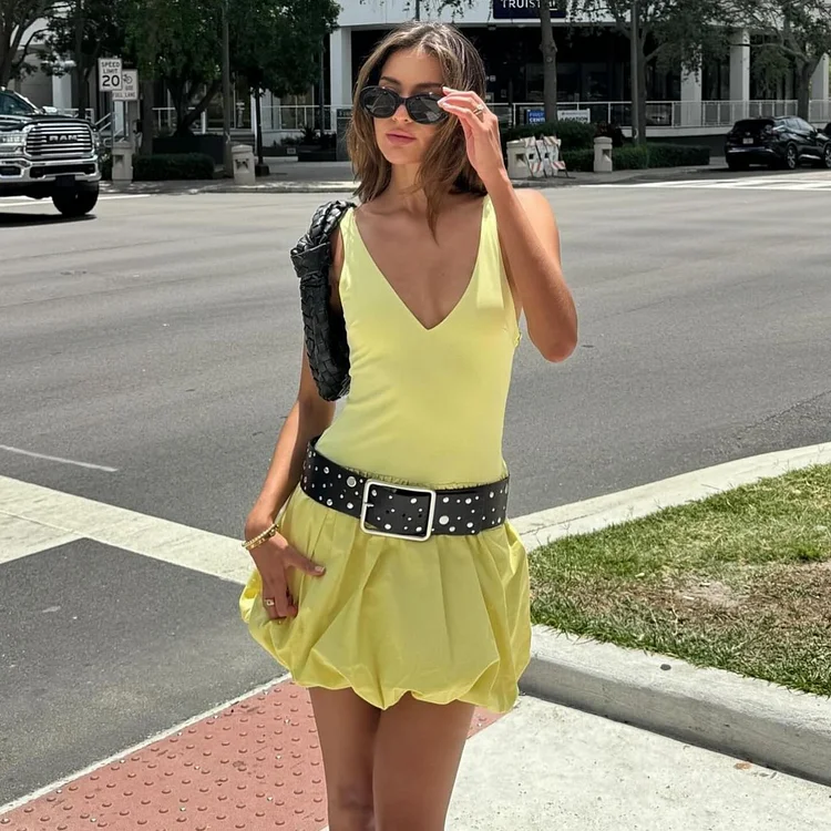 V Neck Sling In Yellow Mini Dress