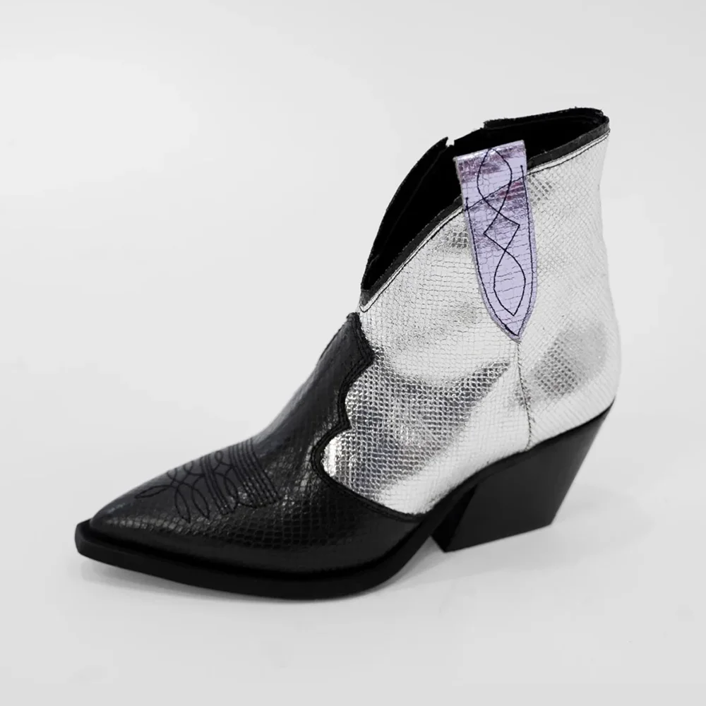 Pointed Toe Block Heel Black & Metallic Silver Cowboy Boots for Women