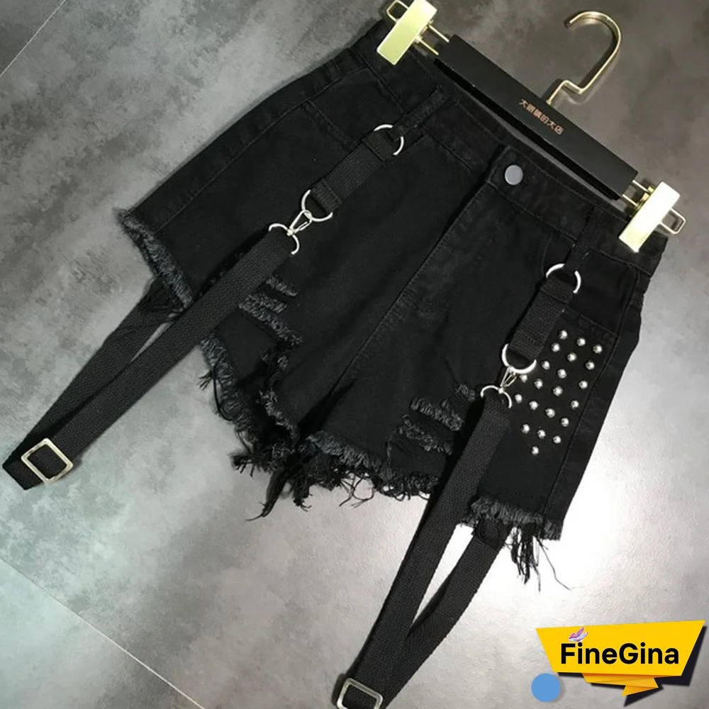 Women Denim Hot Pants Shorts Mini Jeans Rivet Removable Strap Tassels Gothic Punk Sexy