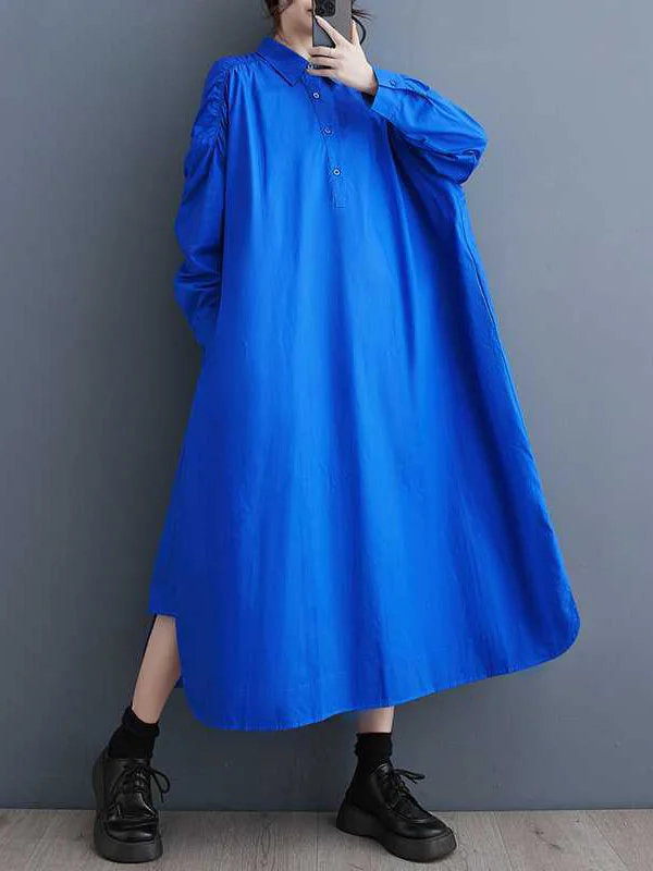 Buttoned Hollow Pleated Pockets Solid Color A-line Long Sleeves Lapel Shirt Dress Midi Dresses
