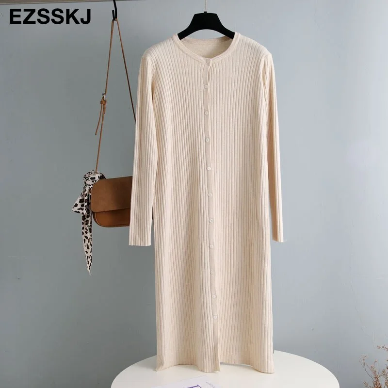 autumn winter o-neck button oversize long sweater dress chic loose knit dress women long dress Female chic sweater maixt dress