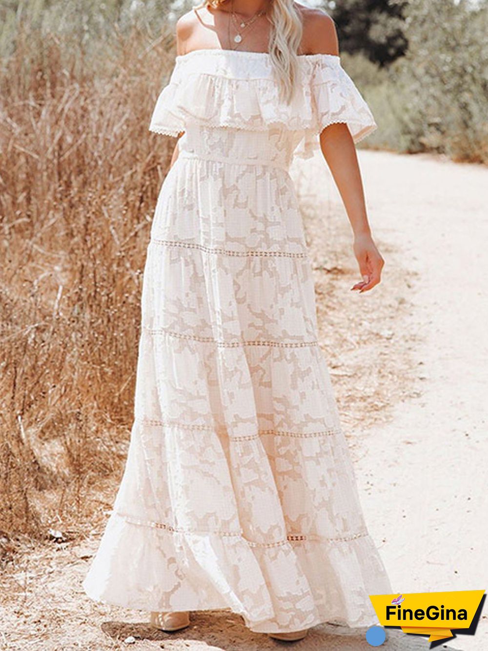 Summer Solid Embroidery Lace Long Dress Elegant Off Shoulder Ruffles High Waist Dress Sexy Slash Neck Backless Chic Beach Dress