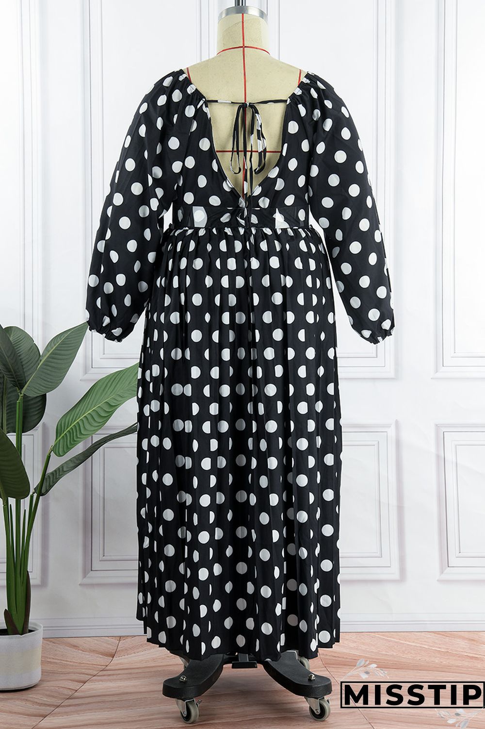 Black Casual Dot Print Patchwork Backless O Neck Long Sleeve Plus Size Dresses (Without Belt)