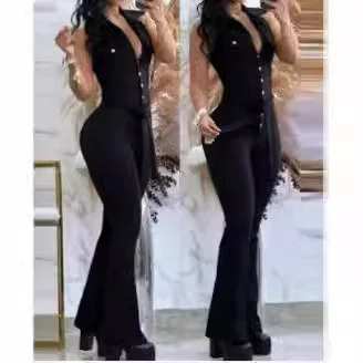 Wongn Wongn Women's Wear Elegant V-Neck Button Pocket High Waist Strap Solid Color Slim Jumpsuit
